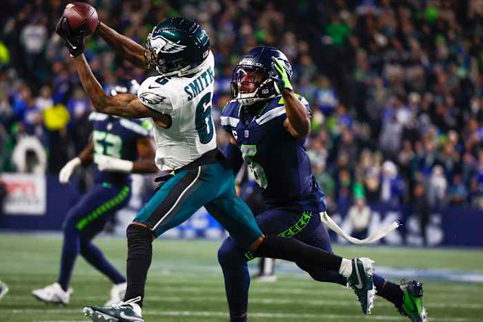 DeVonta Smith injured his knee in the first drive of the game against the Seattle Seahawks.
